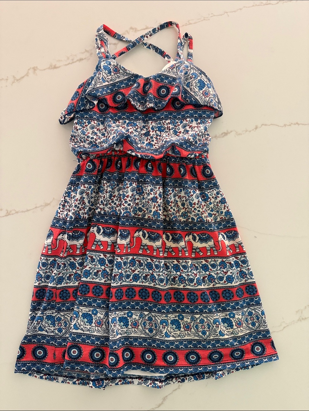 Blue and Coral Elephant Print Sundress with Crisscross Straps